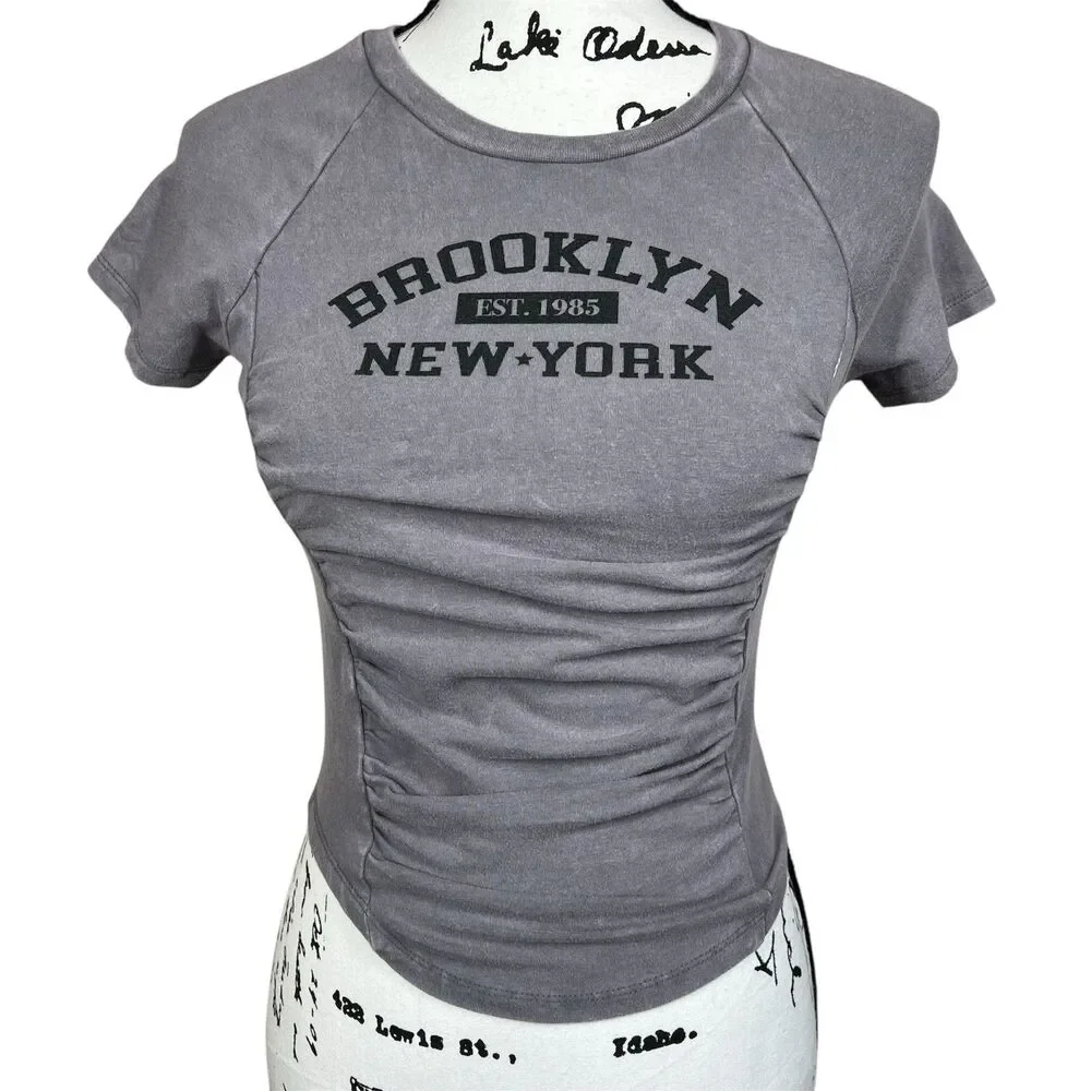 Just Polly Grey Crew neck Ruched-Front Baby Tee T-Shirt size M  Brooklyn casual